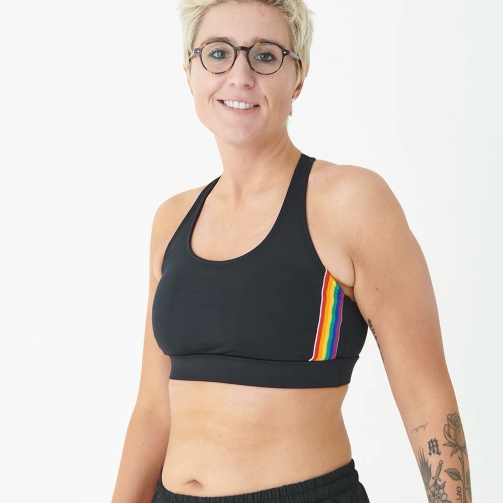 Pride Adult Humankind Athletic Swim Top Black Rainbow Striped size M